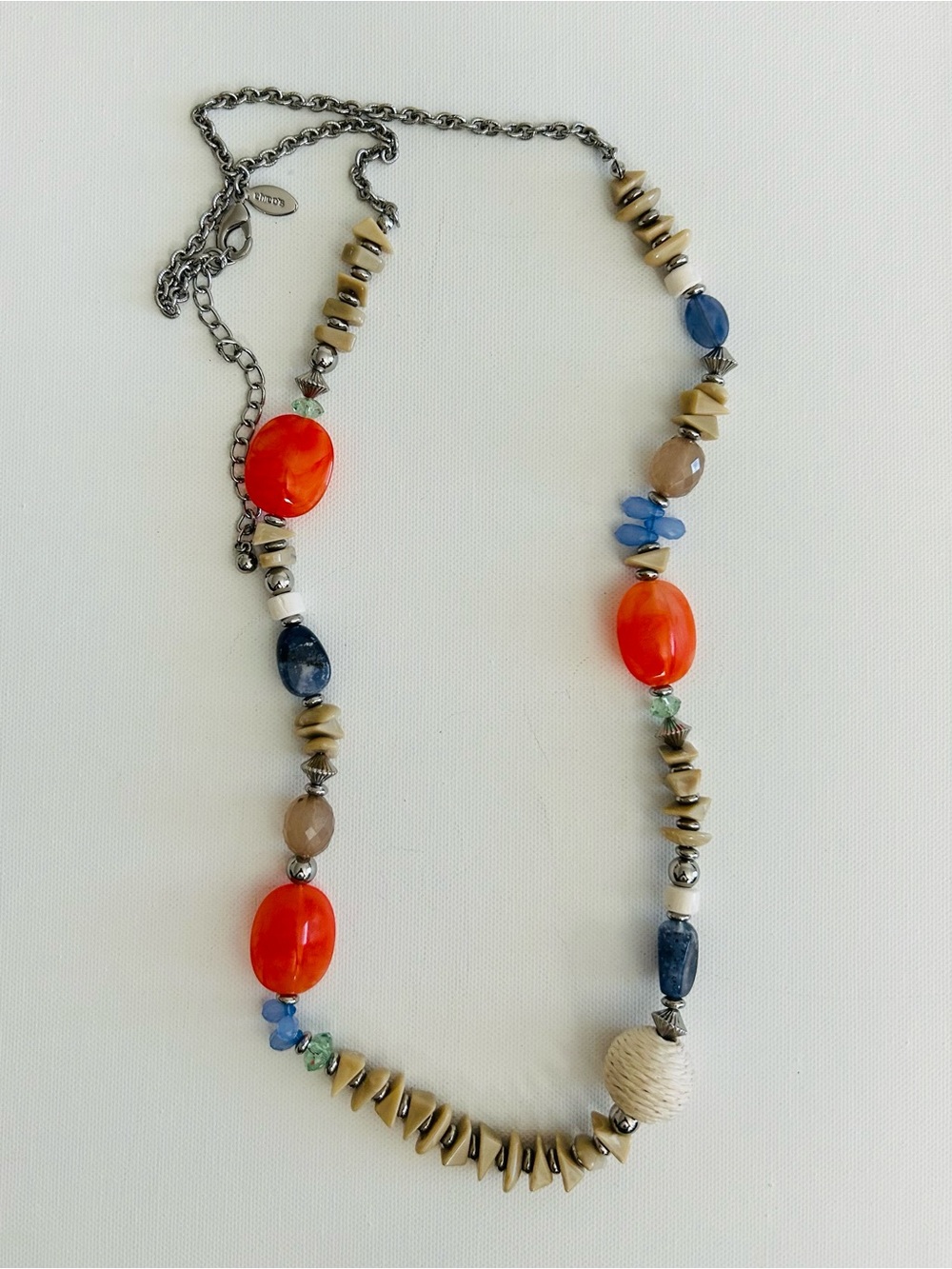 Chico’s Boho Mixed-Bead Necklace in Orange, Blue & Neutral -
